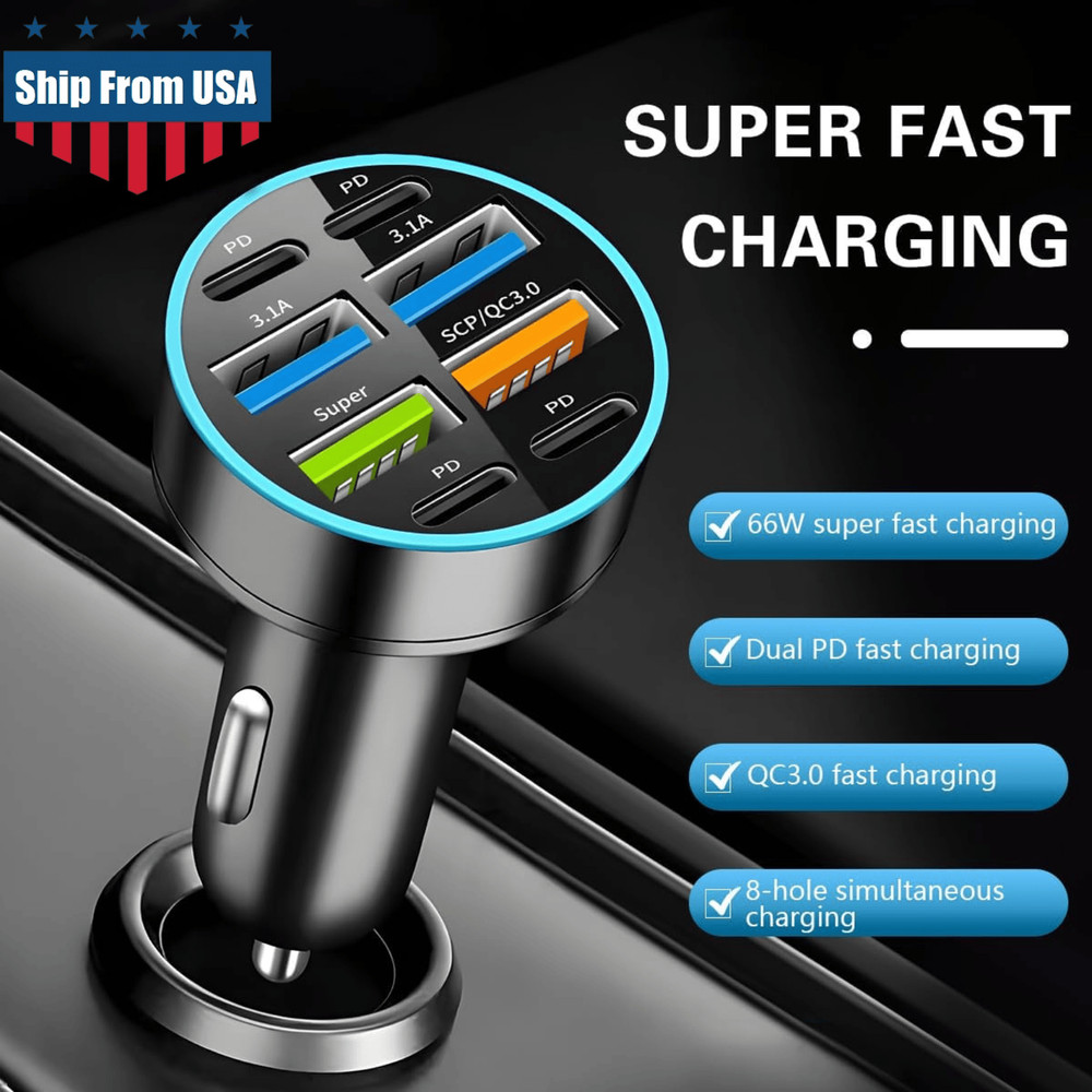 66W USB Car Charger Type C Fast Charging Phone Adapter Socket Cigarette Lighter
