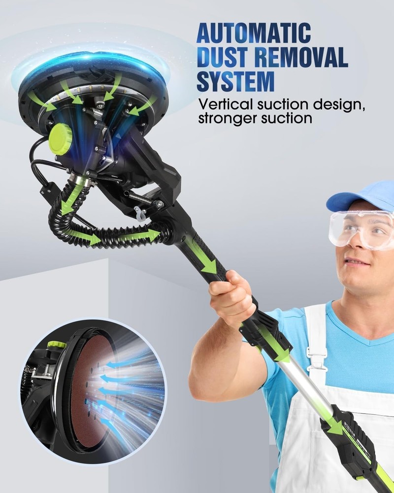 Versatile Electric Drywall Sander, 7.2A Motor & LED Light, Includes Sandpapers