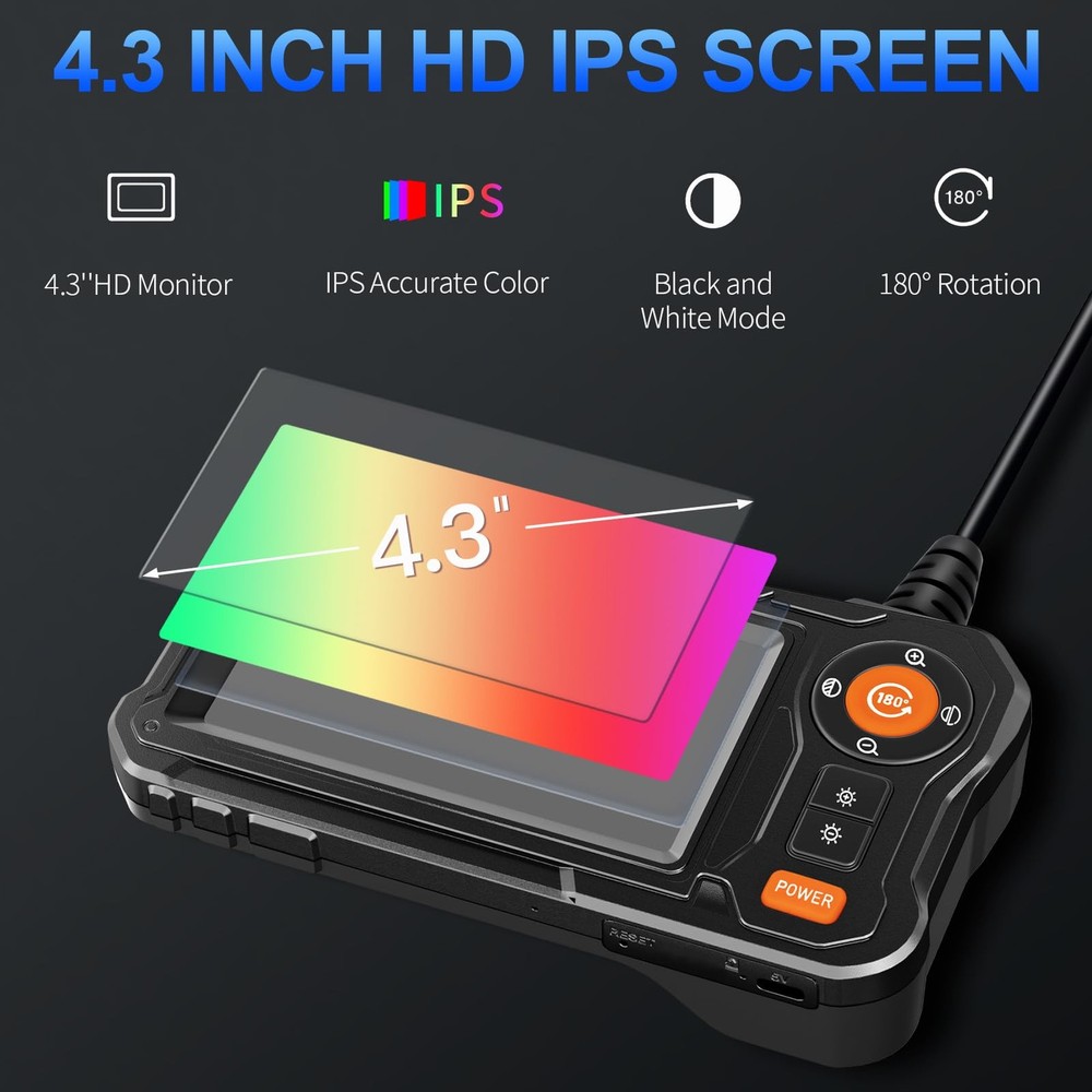 Endoscope Camera with Light - 4.3" LCD Screen Inspection Large, Black