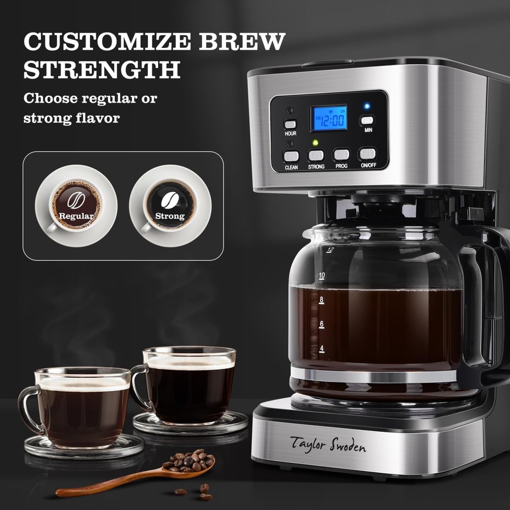 Taylor Swoden 12-Cup Programmable Coffee Maker, Regular & Strong Brew Black