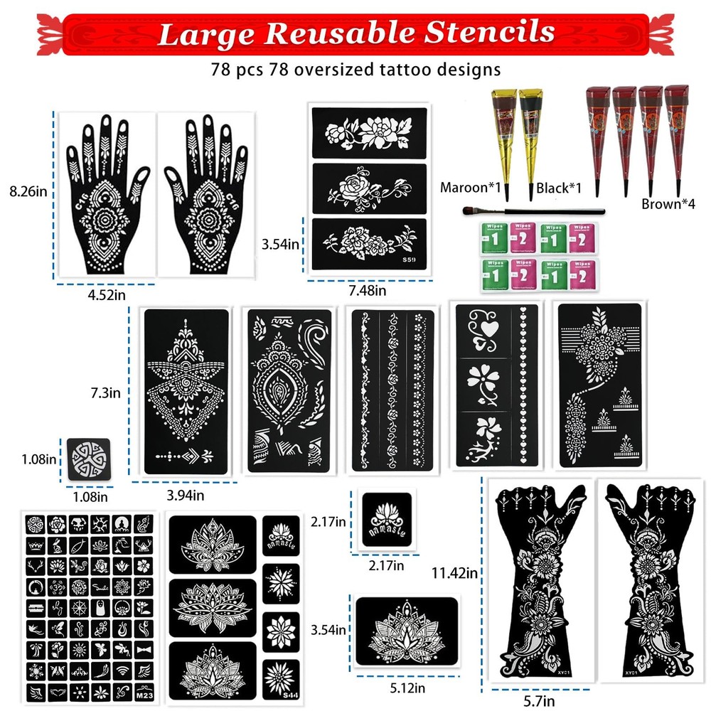 12 Sheets Temporary Tattoo Stencils Kit-Large 78 Pcs Large, B-6Pcs