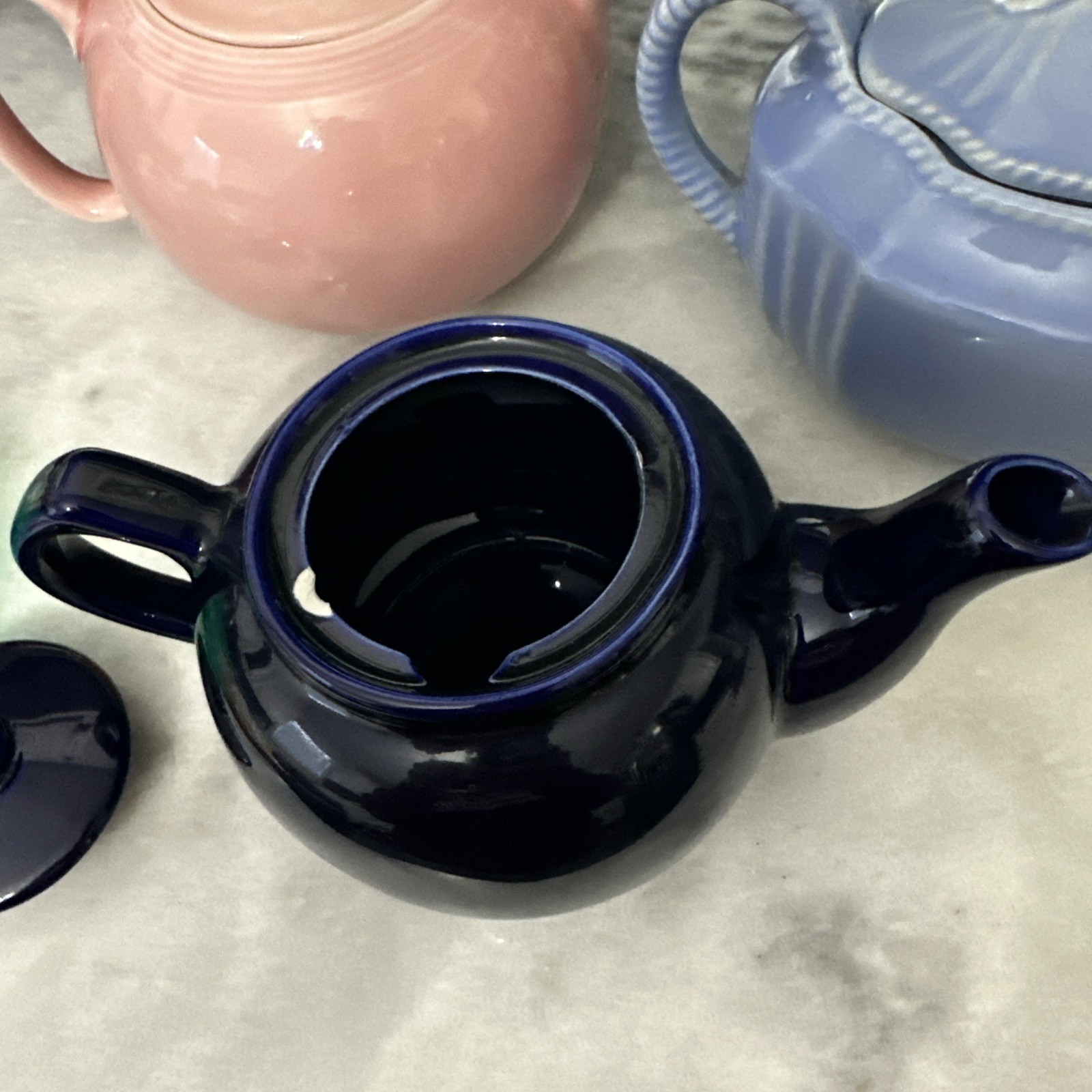 Lot Of 4 Beautiful Teapots In Various Colors. 3 Solid And 1 Floral Patterned