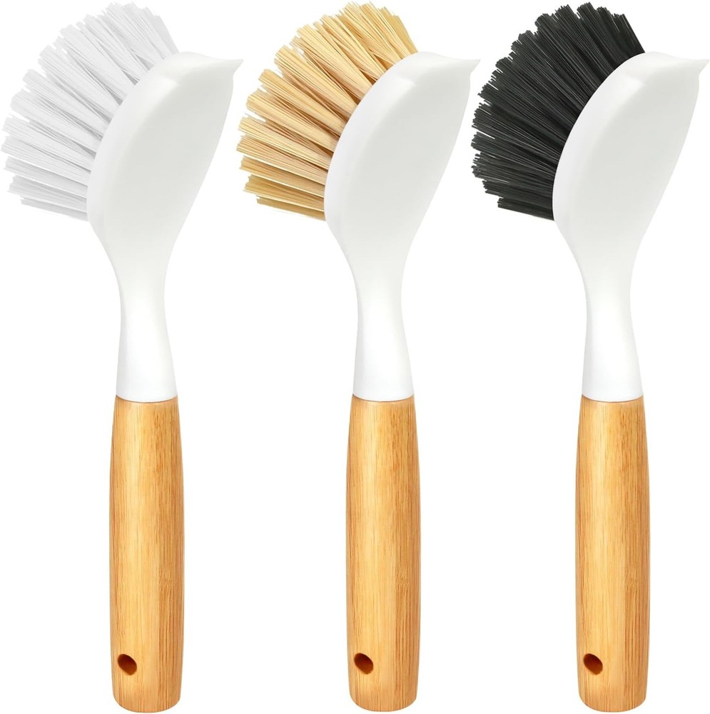 3 Pack Dish Brush Set with Bamboo Handle, Kitchen Brushes for Cleaning Pot,