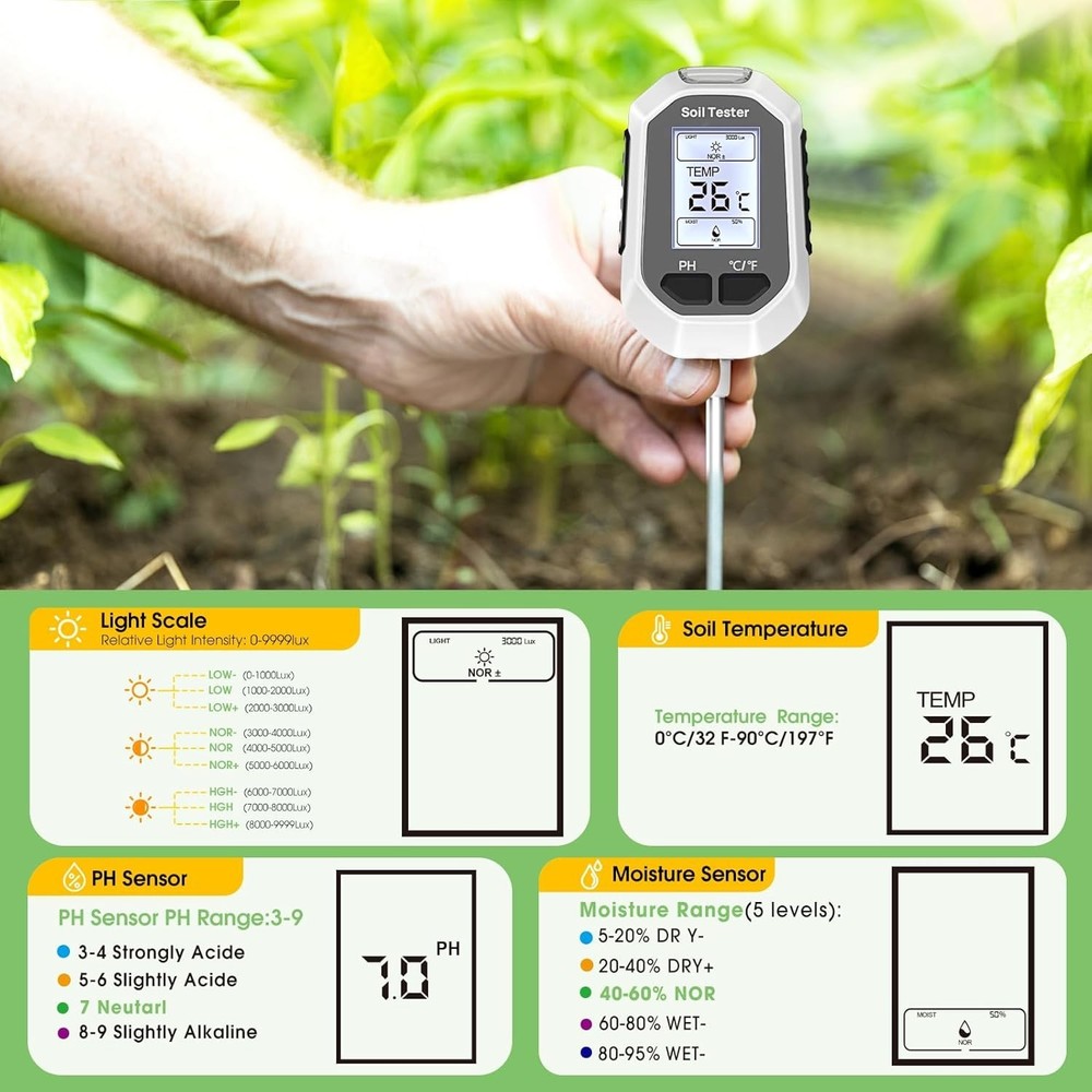 LCD Soil Moisture Tester for Accurate pH, Temperature and Light Measurements
