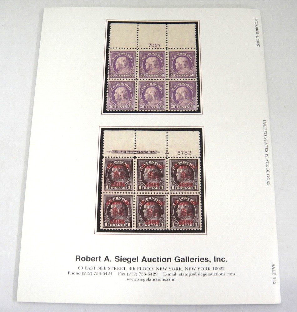 Siegel Stamp Auction Catalog US Plate Blocks Washington Franklin Issues 2007