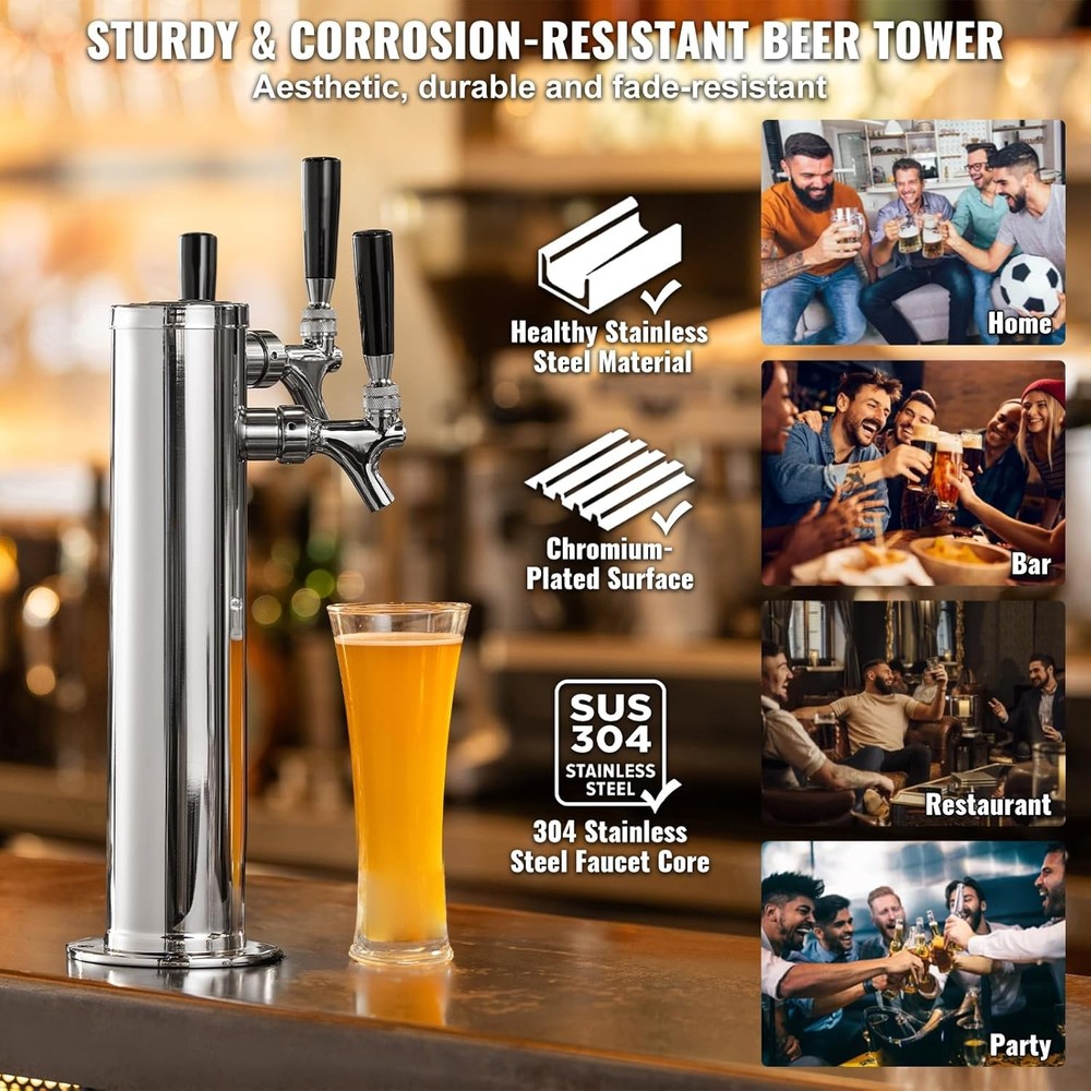 VEVOR Triple Taps Draft Beer Tower Dispenser, Stainless Taps, Silver