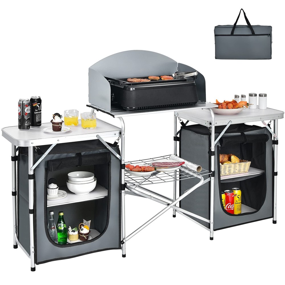 Camping Kitchen Station, Folding Grill Table with 26'' Tabletop, 2 Side Table...