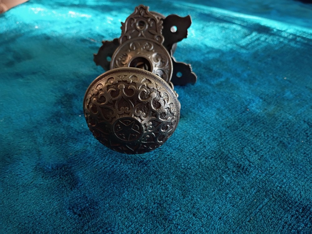 Antique Cast Iron Door Knobs & Back Plates Set .
