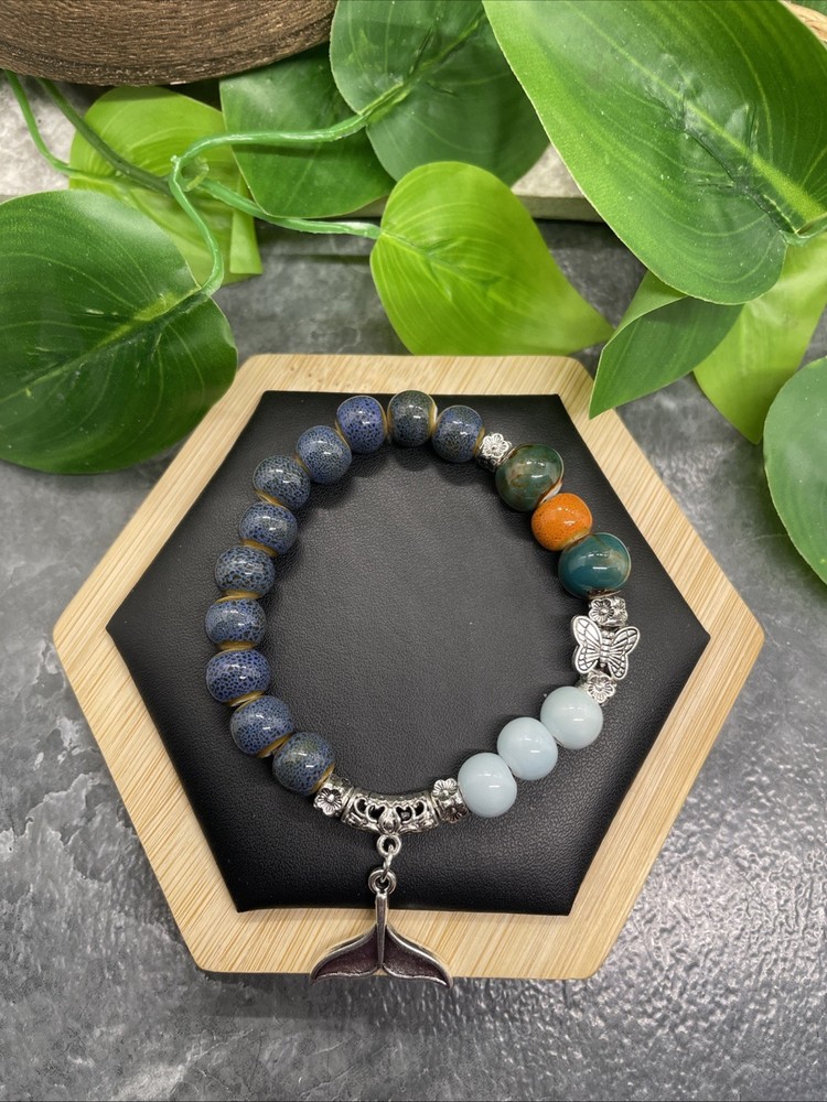 Handmade Ceramic Bead Beaded Stackable 6.25” Plus Stretch Bracelet New B239