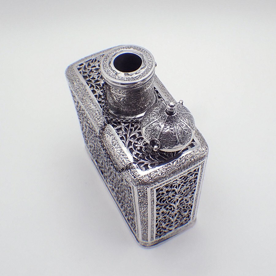 Ornate Decanter Flask Thick Silver Overlay Middle Eastern 900 Silver