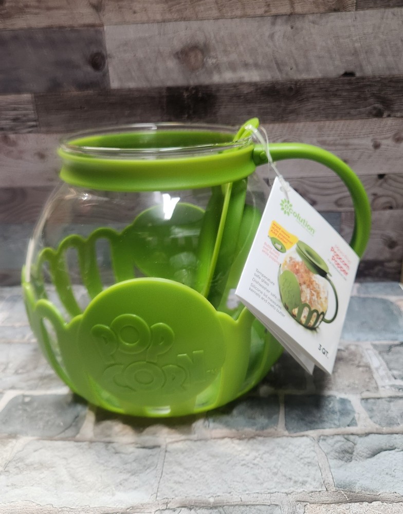 Ecolution Micro-Pop 3 Qt Green Microwave Popcorn Popper Glass UNUSED