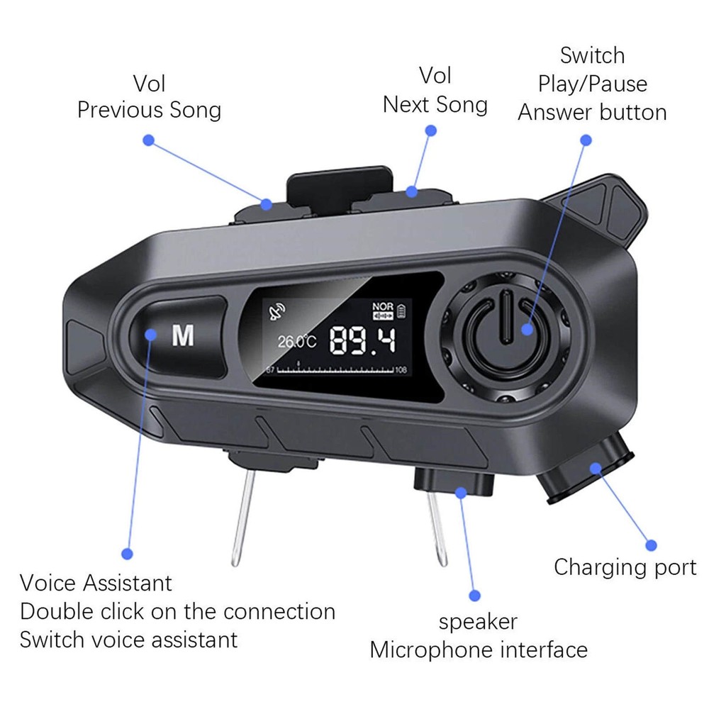 Motorcycle Helmet Headset Wireless Bluetooth 5.4 with Type-C Charging Port