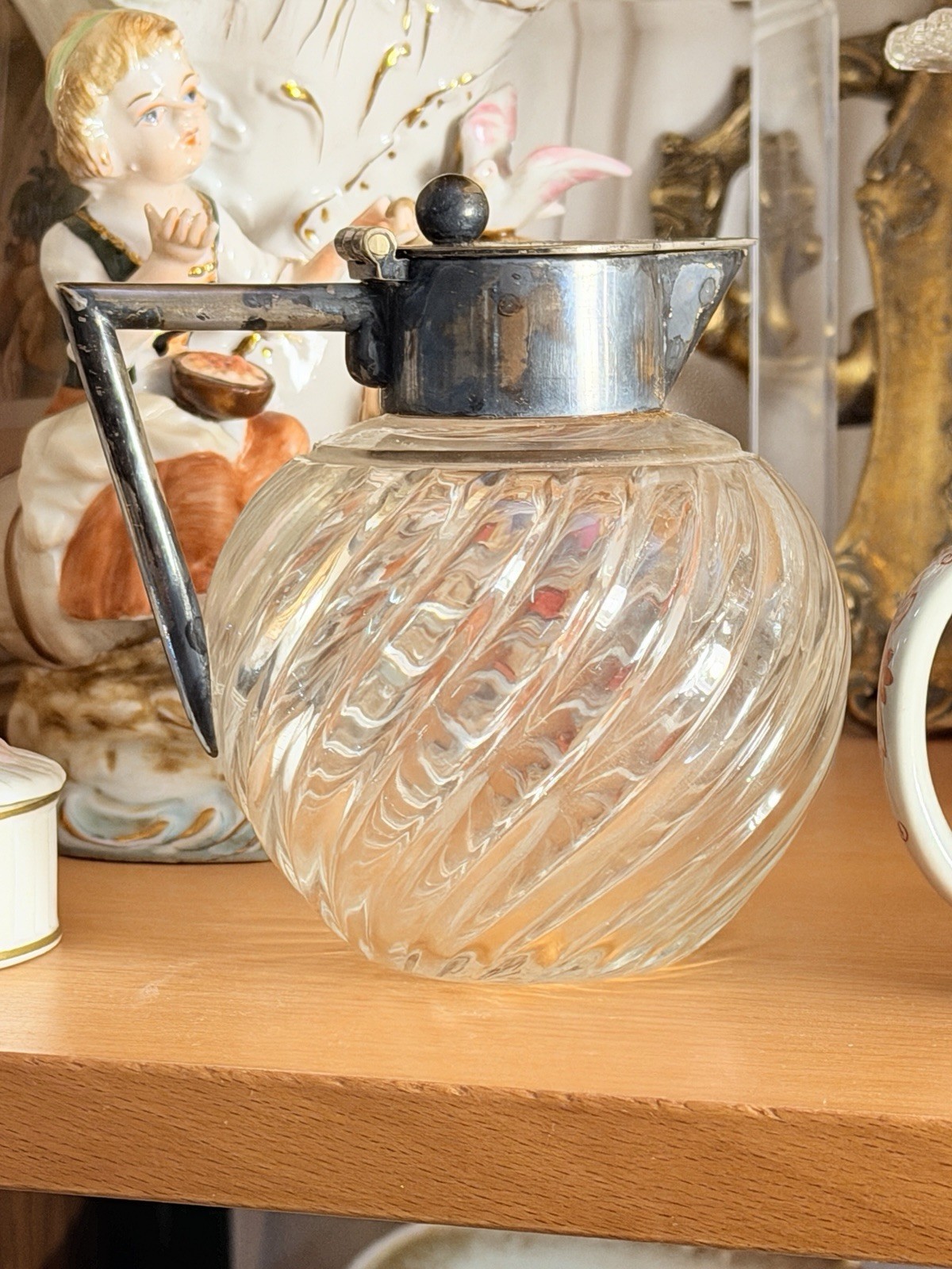 German Silver Pitcher Antique Swirl Glass Decorative Collectible Germany