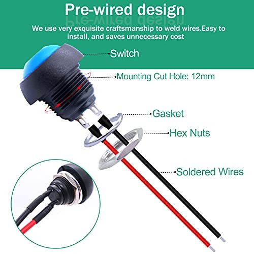/6Pcs 12mm Momentary Push Button Switch 1/2" Mounting Hole On Off Mini Blue