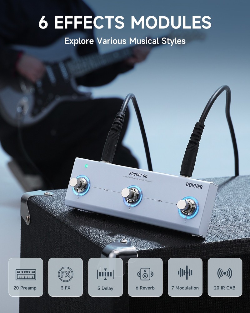 Donner Pocket Go Multi Effects Pedal 6 Effects Modules 21 Editable Presets