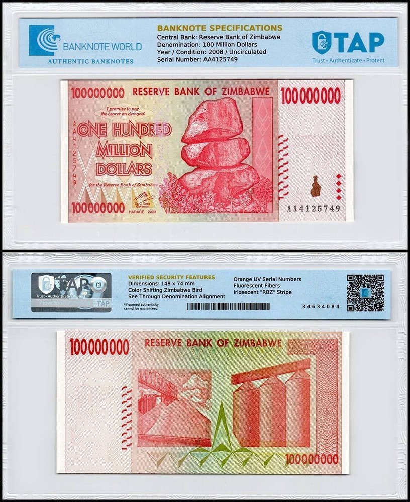 Zimbabwe 100 Million Dollars, 2008, P-80, UNC, TAP Authenticated