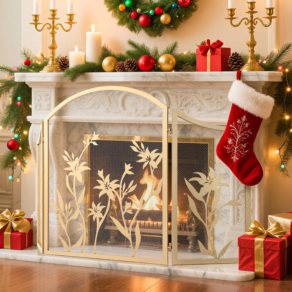 Fireplace Screen 3 Panel Folding Fireplace Screens 48.4 X 25.6 Inch Lily Pattern