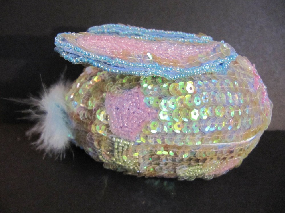 Sequin Beaded Easter GREEN Bunny Rabbit Egg Trinket Box Candy Container