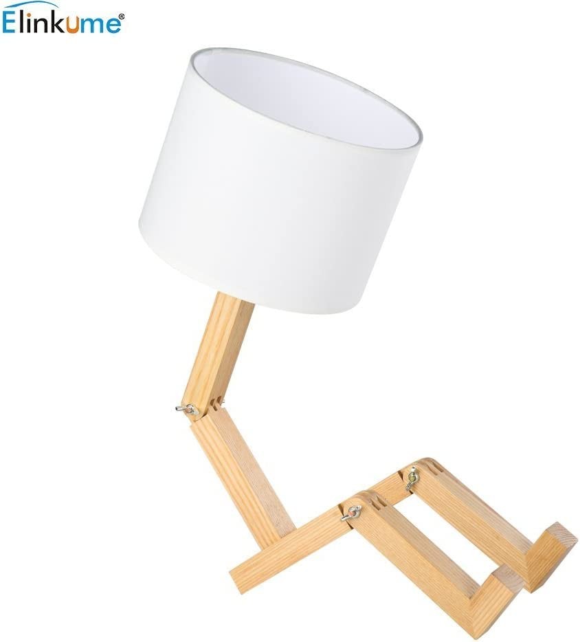 Robot Bedside Lamp, Fabric Lampshade Match Foldable Solid Wood Body, Modern