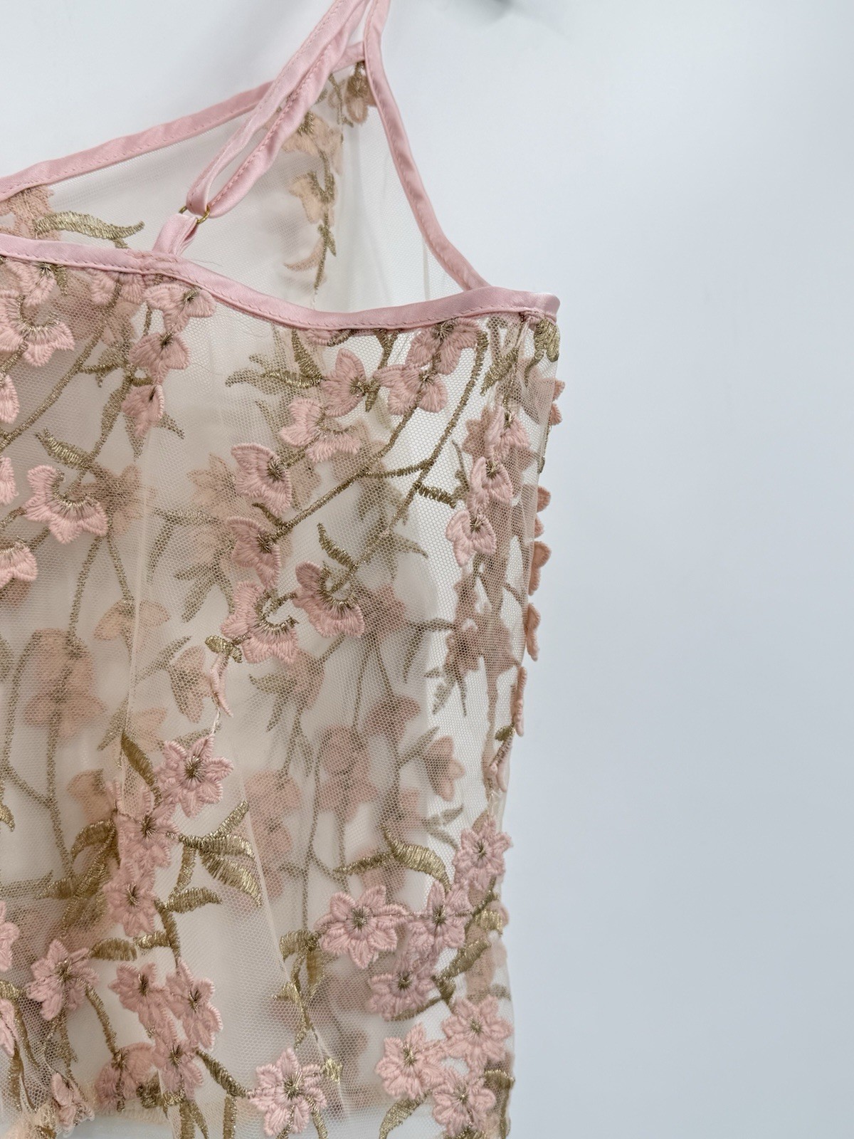 Y2K Roma Confidential Lace Sheer Floral Camisole Size M Pink Gold Embroidery