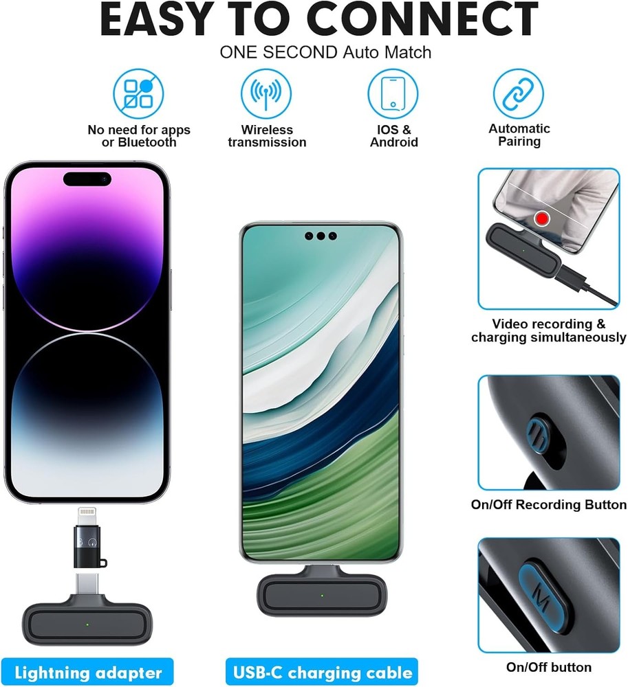 Wireless Lavalier Microphone with Charging Case for Android iPhone iPad Vlog Mic