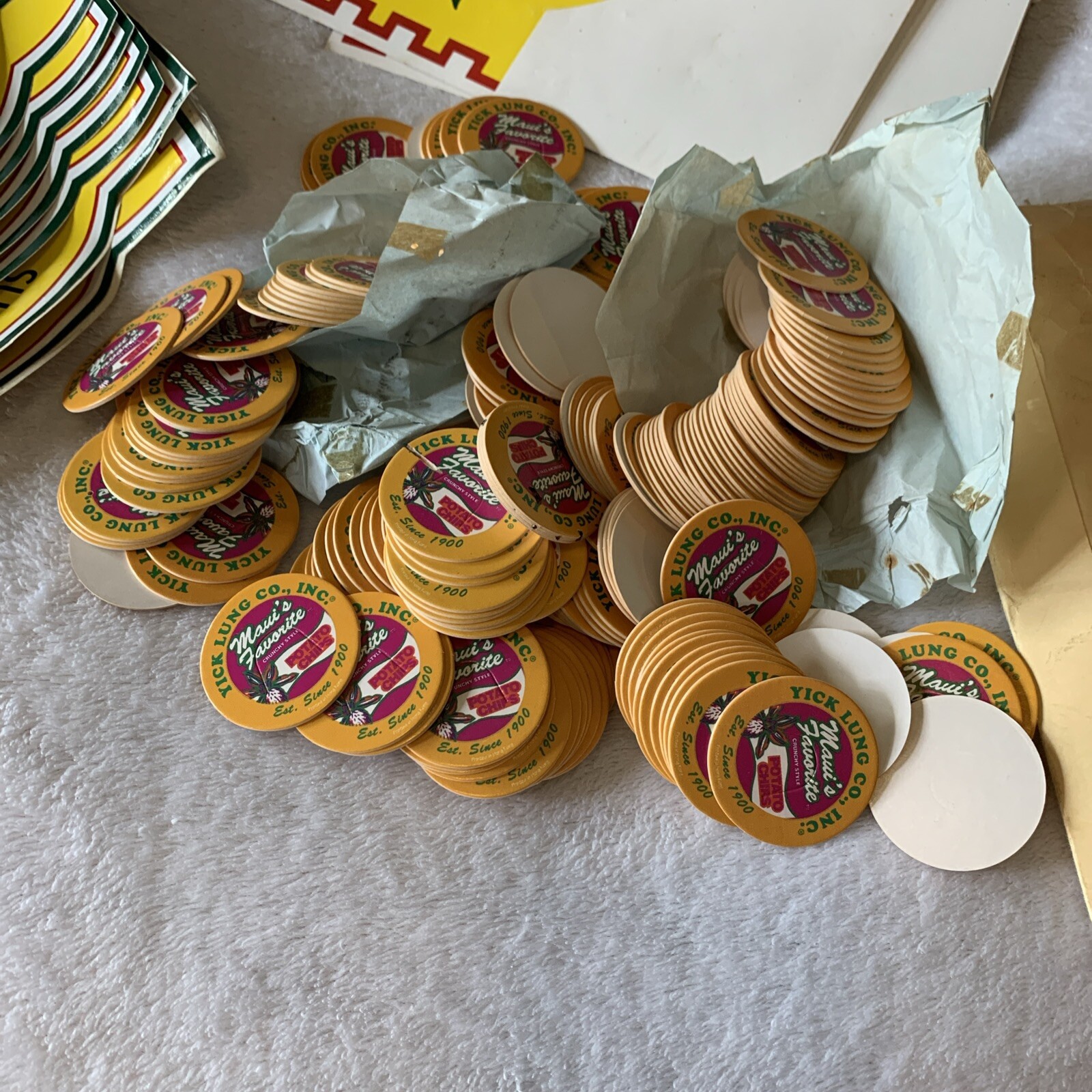 Rare Vintage Hawaii Yick Lung Lot Labels, Shirts, POGS, Decals Etc.