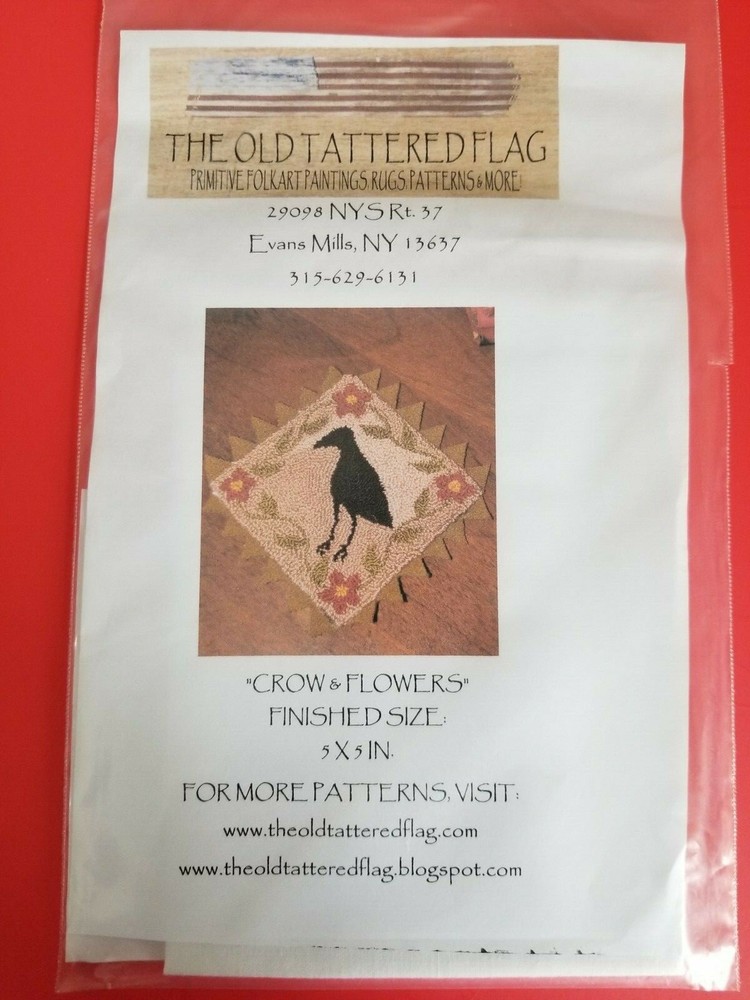 The Old Tattered Flag Punch Needle pattern ~ Crow & Flowers