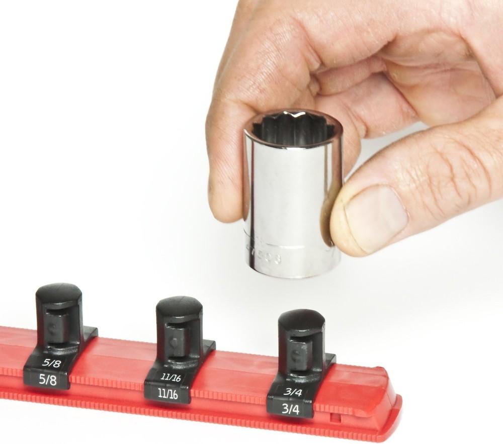 Ernst 8-Inch Red Socket Organizer with 9 Twist Lock Clips - Effortless Tool S...