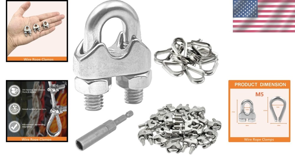 Complete 24Pcs M5 Wire Rope Clamps & 12 Thimbles for Versatile Uses & Security