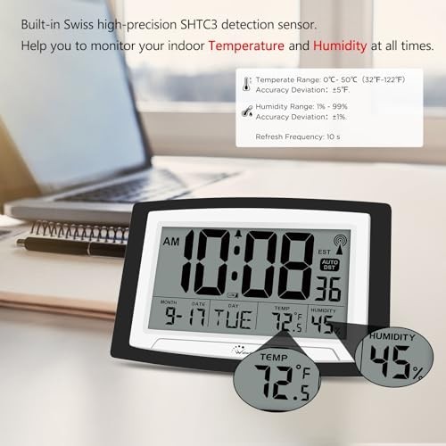 Atomic Clock with Indoor Temperature & Humidity - 12.5" Self-Setting Digital Wal