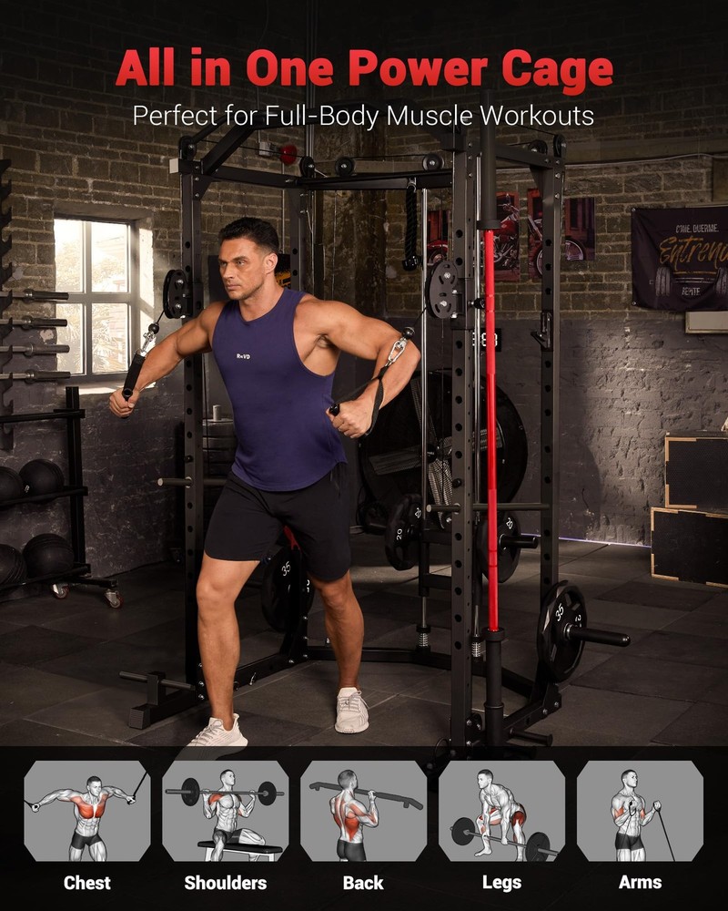 Power Cage Multi-Function Power Rack Home Gym with Pulley System Workout Machine
