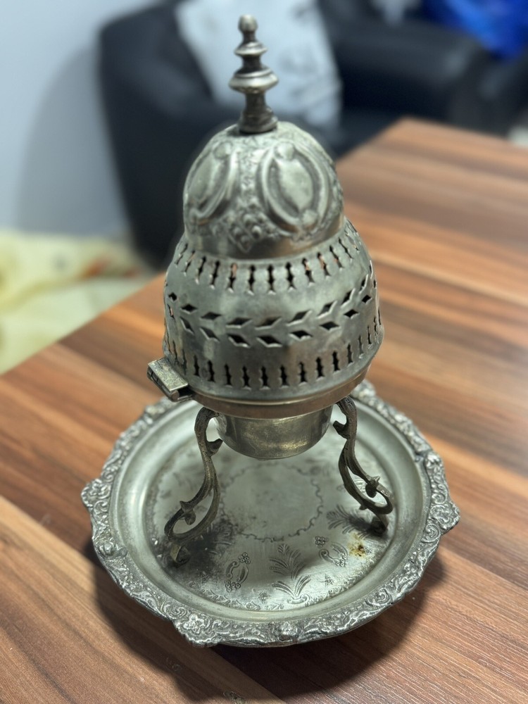RARE Vintage Unique Brass Copper Moroccan Arabic Incense Burner Engraved Plate