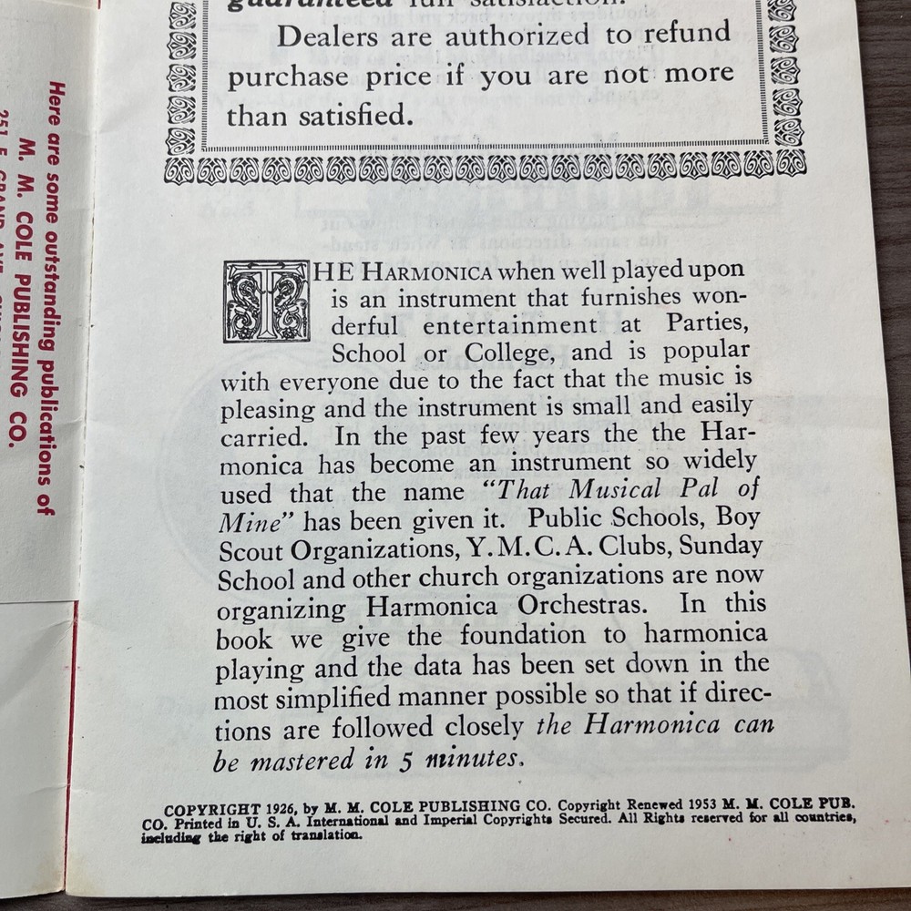 ORIGINAL 1963 "5 MINUTE METHODS SELF-INSTRUCTIONS HARMONICA" BOOKLET