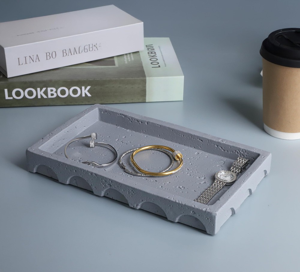 Decorative Tray Semi-Circular Edge Rectangular Concrete Gray 9.8x5.8x1.2