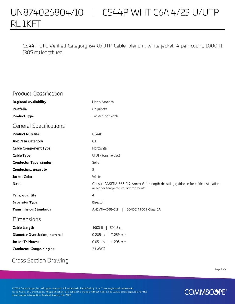 Commscope CS44P Cat6A U/UTP Network Ethernet 10G 10Gig Cable Plenum White /50ft