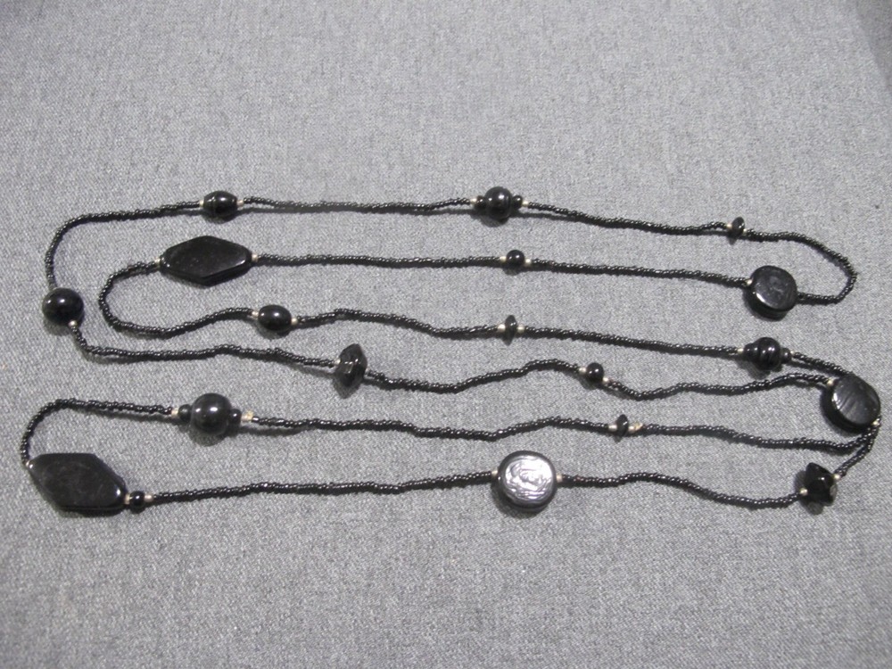 Vintage flapper style assorted black glass + tiny silvertone beaded necklace