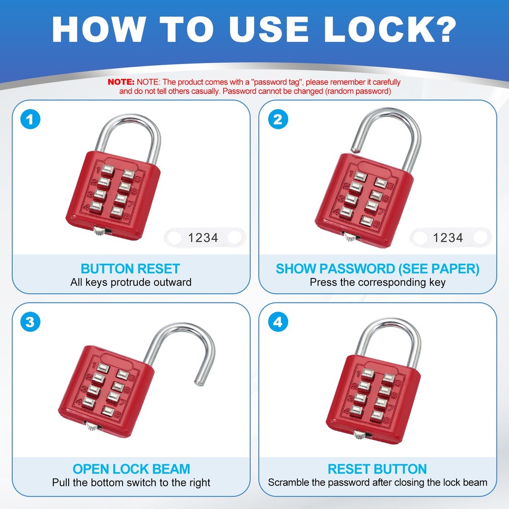 2Pcs Push Button Combination Padlock 8-Digit 4-Position Lock Black
