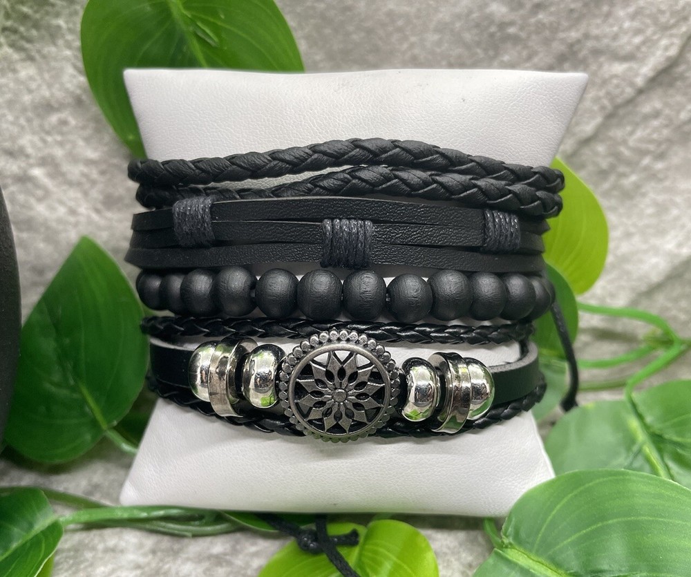 4 PC Leather Punk Bracelet Stackable Adjustable Tie New Free Ship B2777
