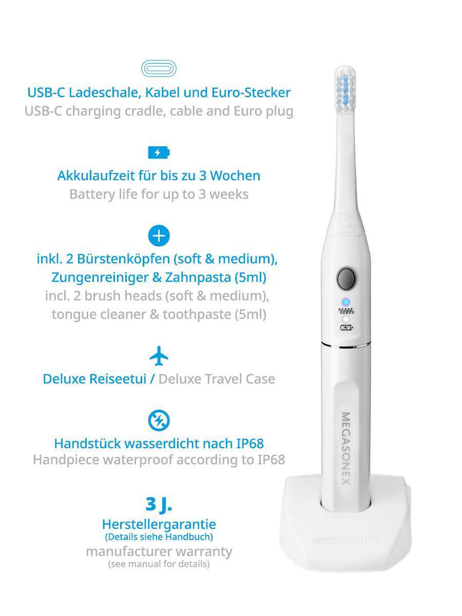 MEGASONEX M8 S Ultrasonic Toothbrush Set - With 2 Vibration Levels