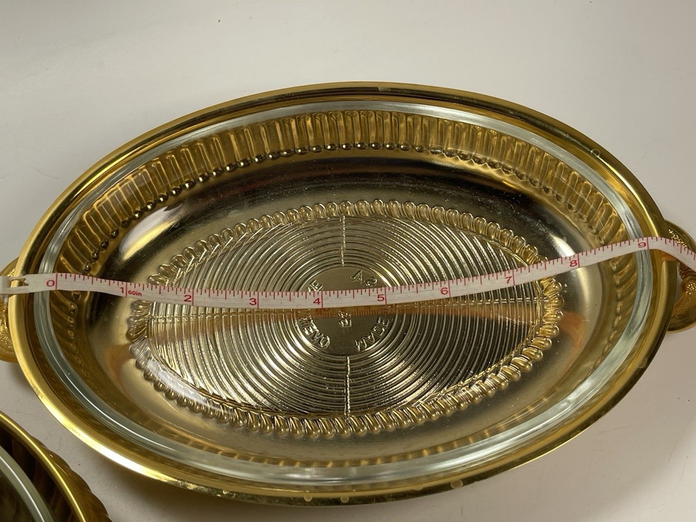 2 Vtg L'heure D'or By VA USA Gold Plated Serving Dishes W/ Pyrex Glass Inserts