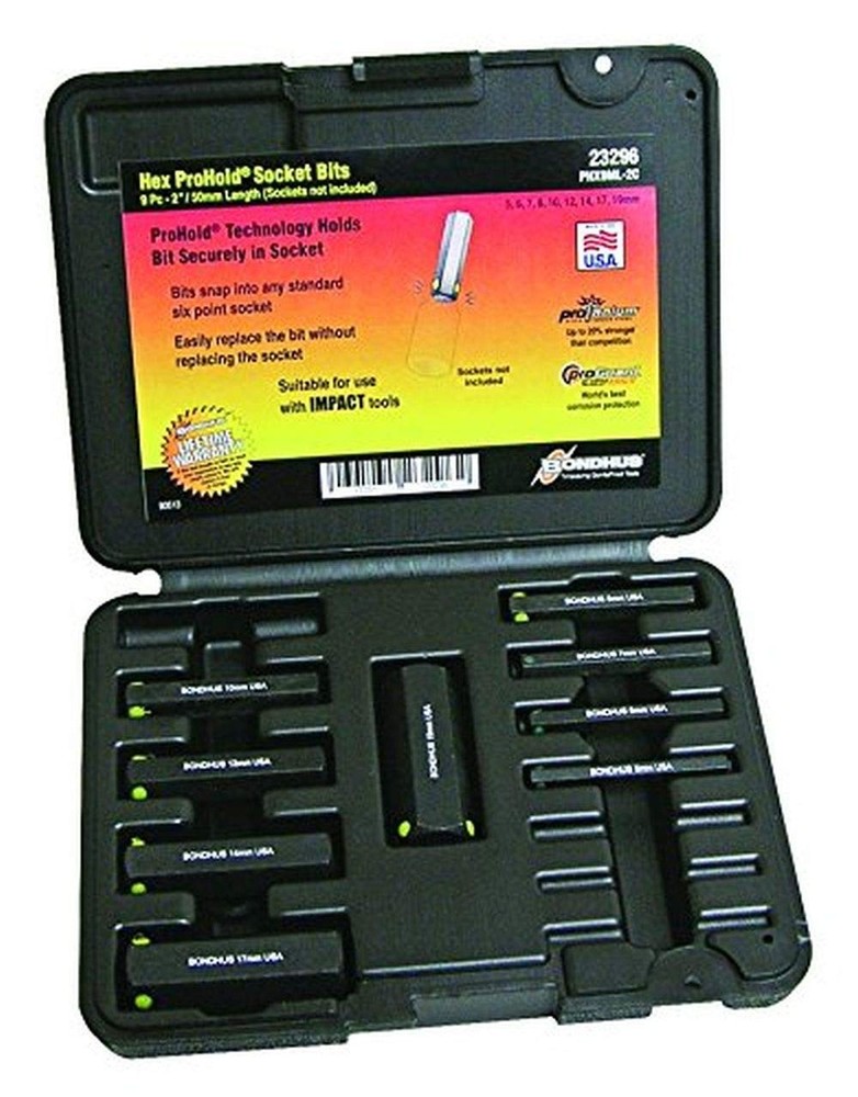 Bondhus 23296 ProHold Socket Hex Bit Set, 9-Piece, 2" - Multicolor