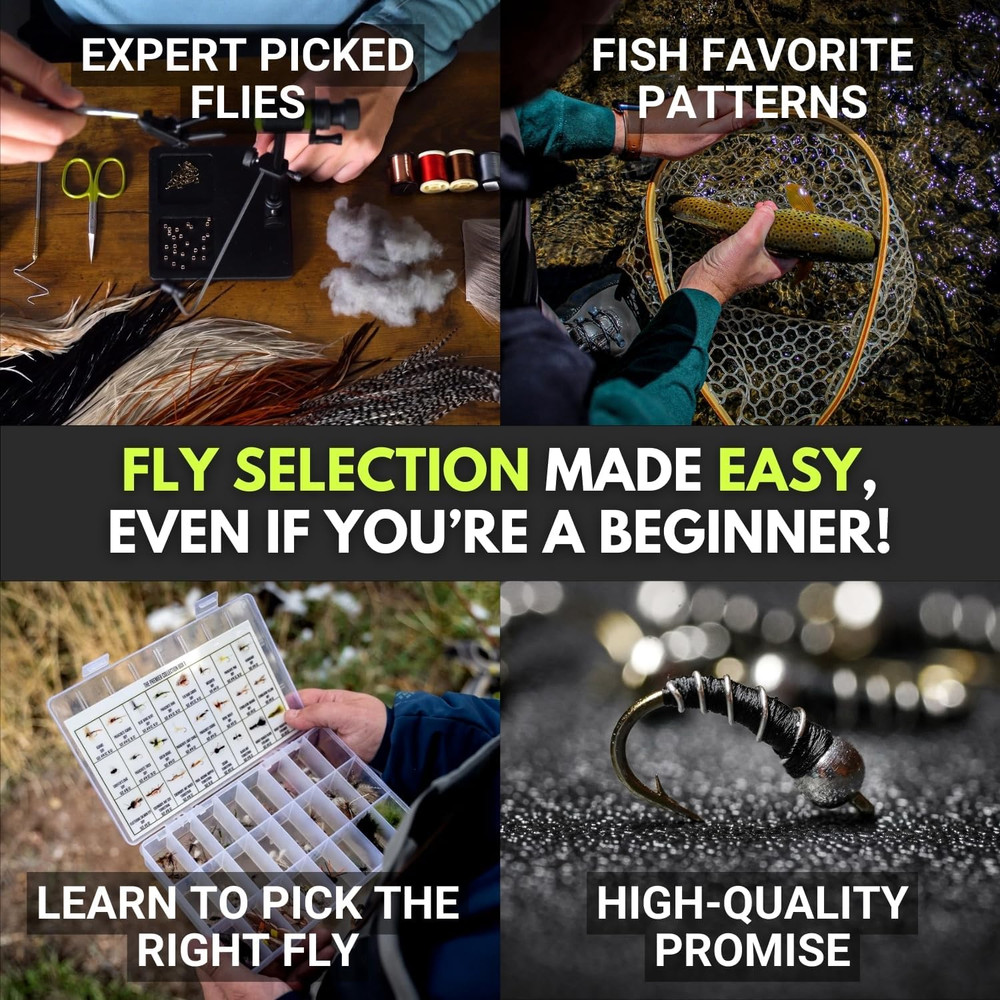 Fly Fishing Flies Assortment Set, 48 Patterns, Sizes 8–20, with Reference Cards