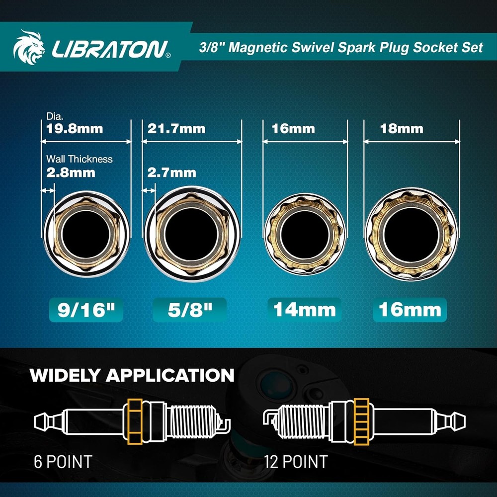 8PCS 3/8"Dr. Magnetic Spark Plug Socket Set, Include Gapper & Extension Bar, Swi