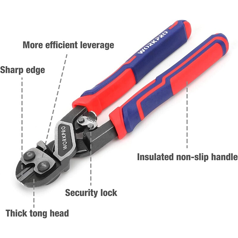 WORKPRO 8 inch Mini Bolt Cutter with Bi-Material Ergonomic Handle Security Lock