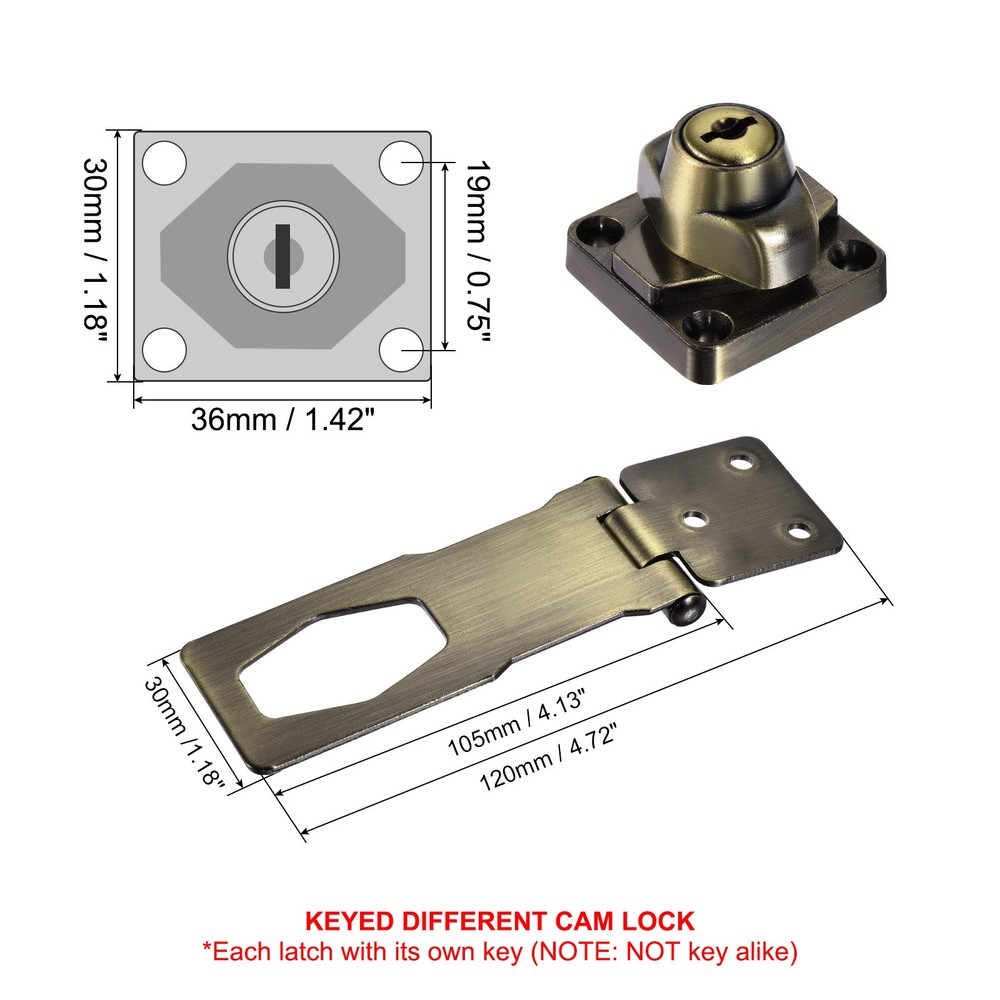 2Pcs 4Inch Keyed Hasp Locks Twist Knob Locking Keyed Different, Bronze