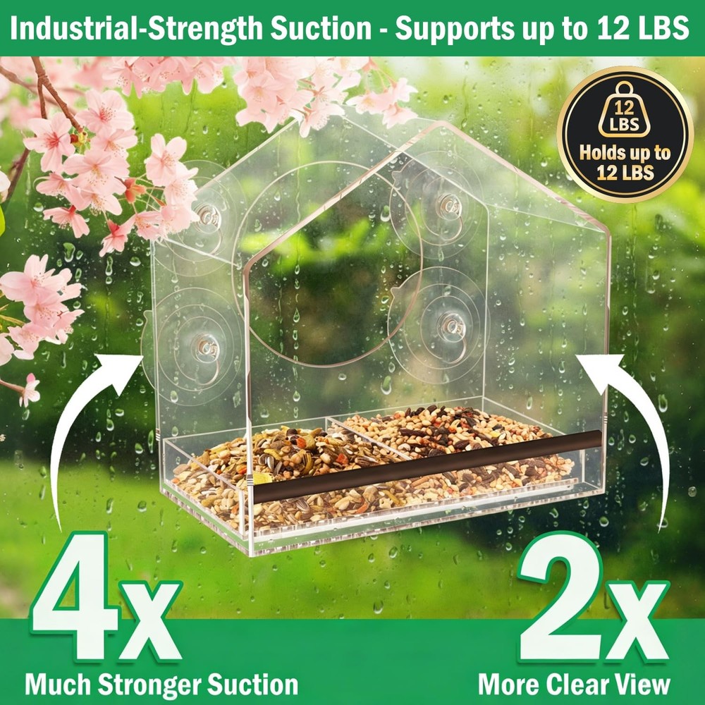 Window Bird Feeder with 4 Extra Strong 2.36'' Suction Cups - 4.4'' Extra Deep...