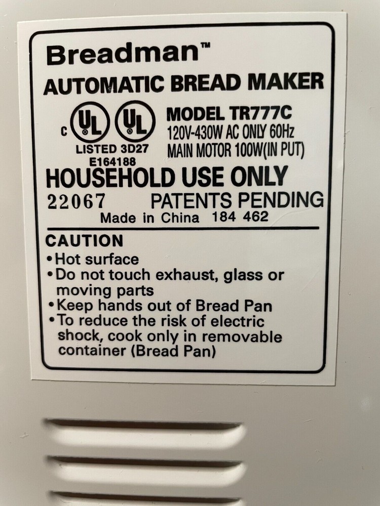 Power Cord for Breadman Bread Maker Model TR777C only