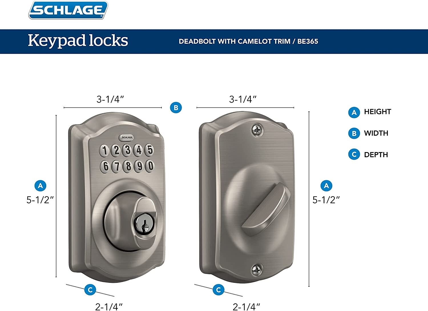 Schlage BE365 CAM 622 Camelot Electronic Keypad Single Cylinder Deadbolt