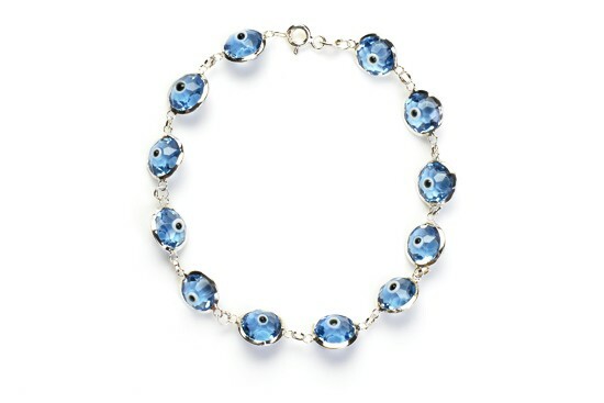 Solid 925 Sterling Silver 10MM Lavender Crystal Evil Eye Charm Bracelet - 7.5"