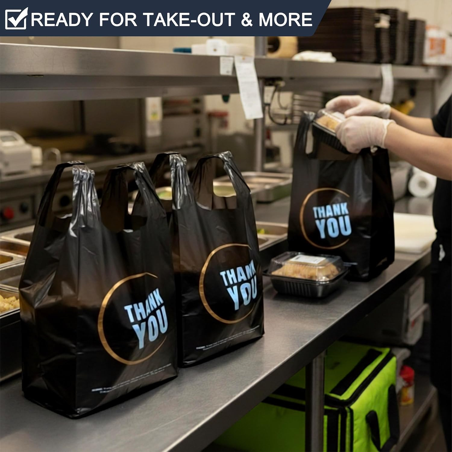 100 Count Plastic Bags - Black T Shirt Bags with Handle for Retail Shopping and